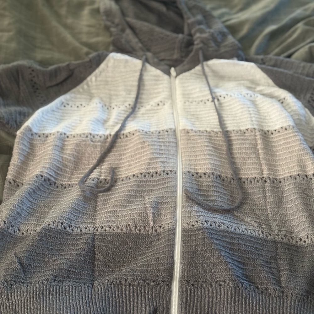 Women's Gray and White Hooded Cardigan